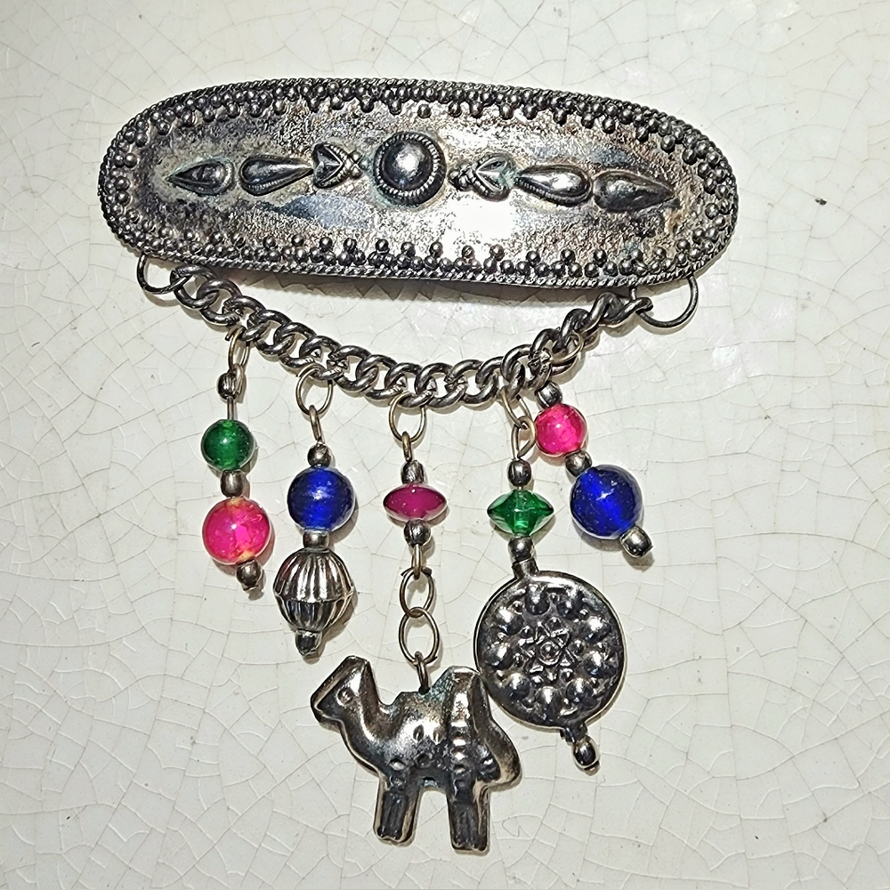 Egyptian Revival Moroccan large charm brooch, camel, medallion, beads dangle